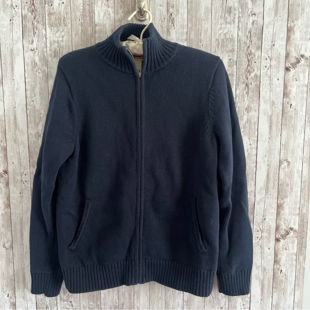 L.L. Bean Women’s Flannel Lined Cotton Zip Up Sweater Cardigan Navy Layering S